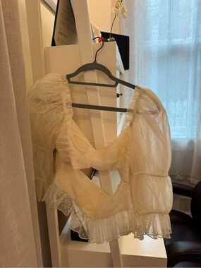 LPA Sheer Puff-Sleeve Swiss Dot Crop Top in Cream